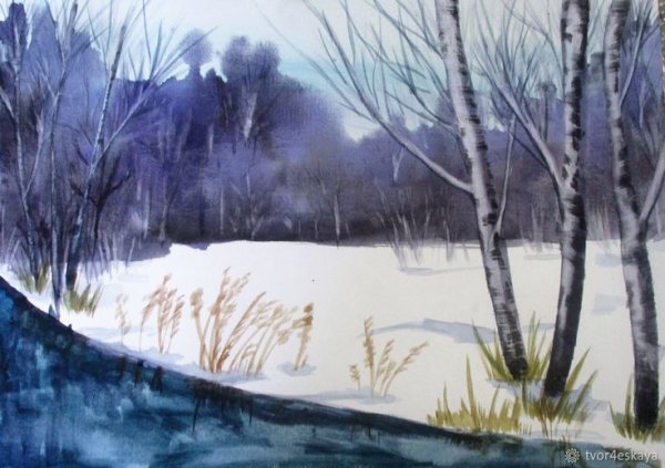 Зимний пейзаж гуашью и акварелью