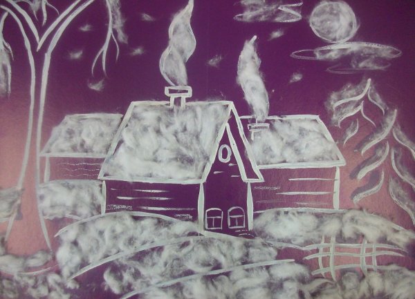 Зимний пейзаж на черном фоне белой гуашью