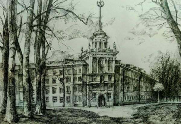 Городской пейзаж гелевой ручкой