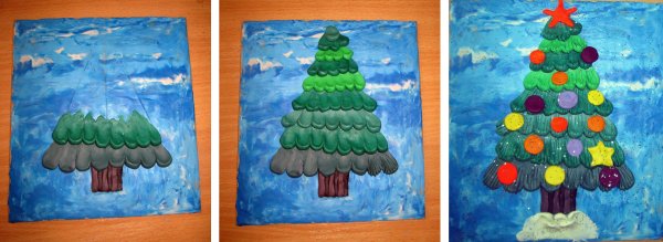 Зима пластилином на картоне