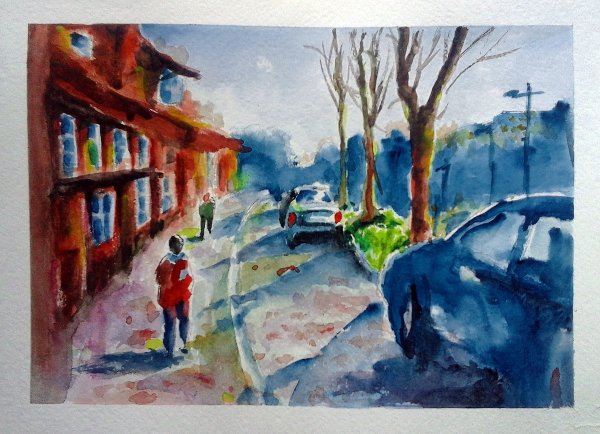 Улица города гуашью