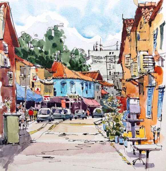 Городской пейзаж акварель