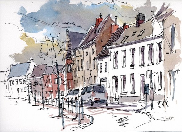 Акварель и гелевая ручка пейзаж