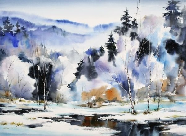Зимний пейзаж акварель по сырому
