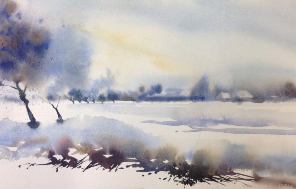 Зимний пейзаж акварелью по мокрому