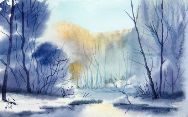 Зимний пейзаж акварель по сырому
