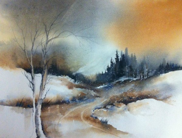 Акварель зимний пейзаж Борис Козьяков