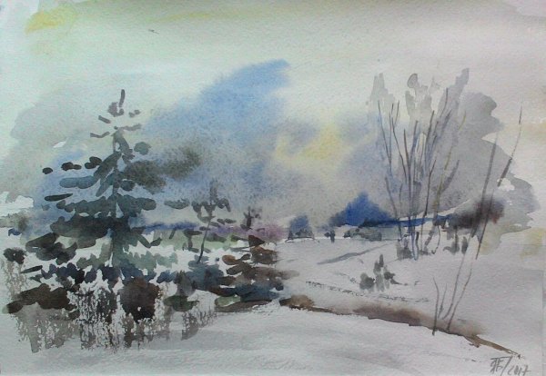 Акварель по сырому пейзаж зима