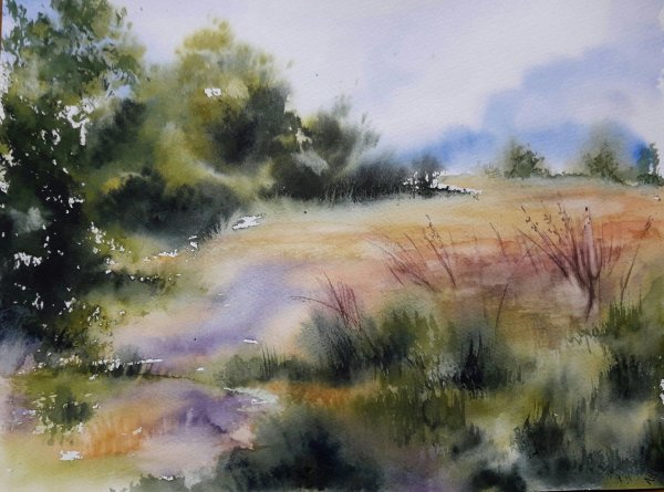 Зимний пейзаж акварель по сырому