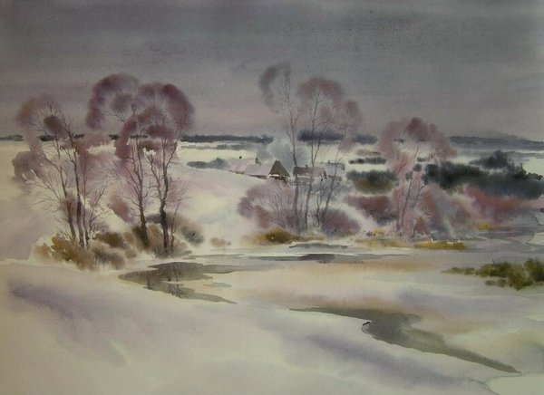 Зимний пейзаж рисунок акварелью