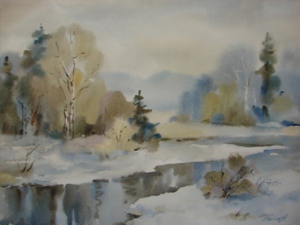Акварель зимний пейзаж Борис Козьяков