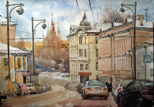 Живопись акварелью городской пейзаж Москва