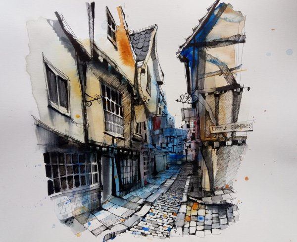 Скетчинг акварелью Швейцария горы