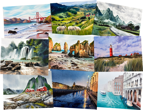 Акварельный скетчинг пейзаж