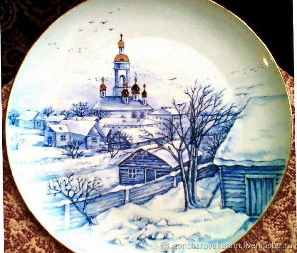 Зимний пейзаж в стиле гжельской росписи