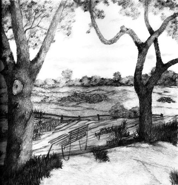 Деревенский пейзаж карандашом