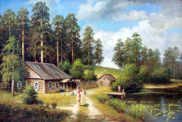 Деревенский пейзаж с речкой