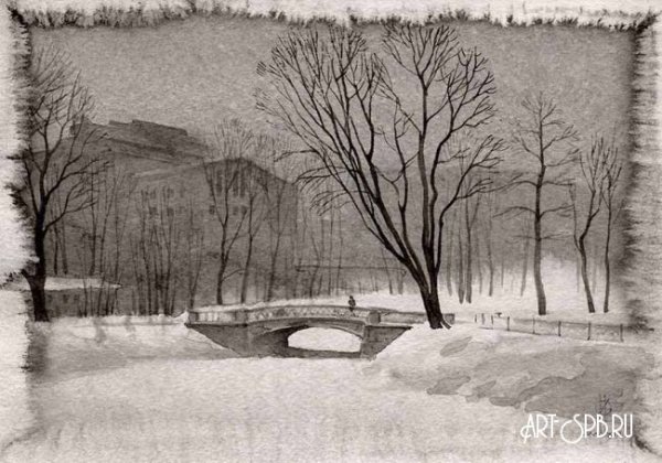 Зимний пейзаж цветными карандашами
