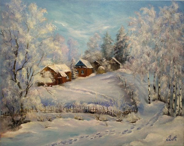 Художник Сергей Дорофеев зимний вечер в деревне