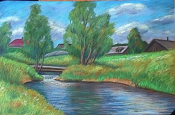 Деревенский пейзаж цветными карандашами