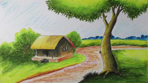 Сельский пейзаж цветными карандашами