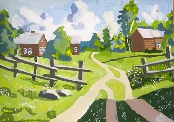 Сельский пейзаж гуашью