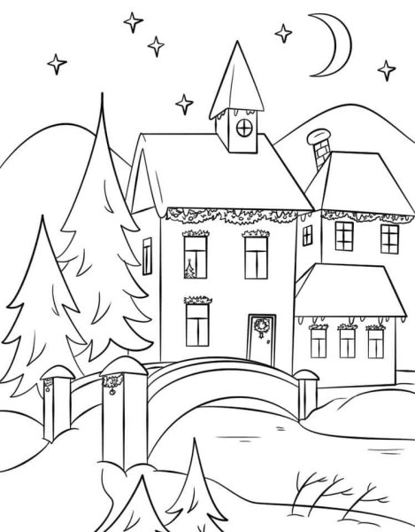 Зимний пейзаж раскраска