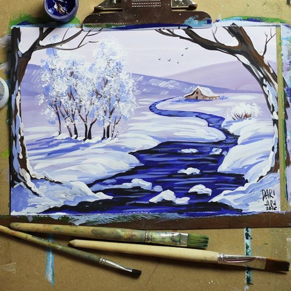 Рисование гуашью зимний пейзаж