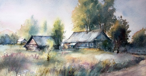 Этюды деревни акварелью