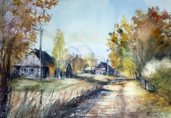 Этюд акварель пейзаж село деревня