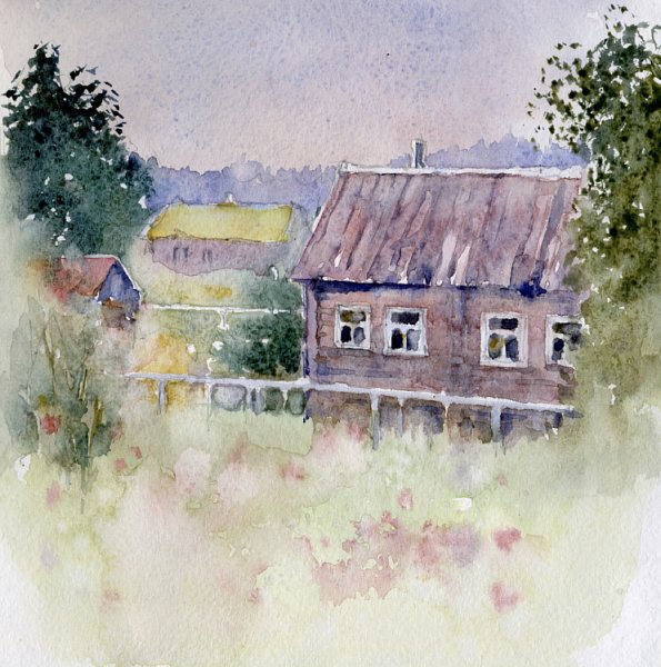 Пленер Этюд акварелью деревня