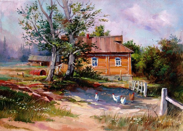 Домик в лесу акварель