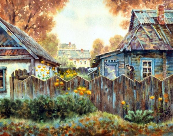 Сельский пейзаж акварелью