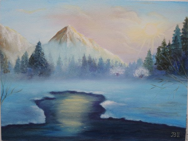 Снежные горы гуашью