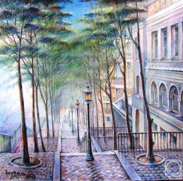 Пейзаж города цветными карандашами