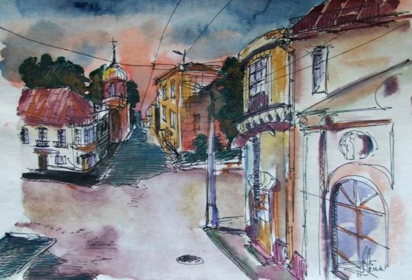 Акварель и тушь пейзаж