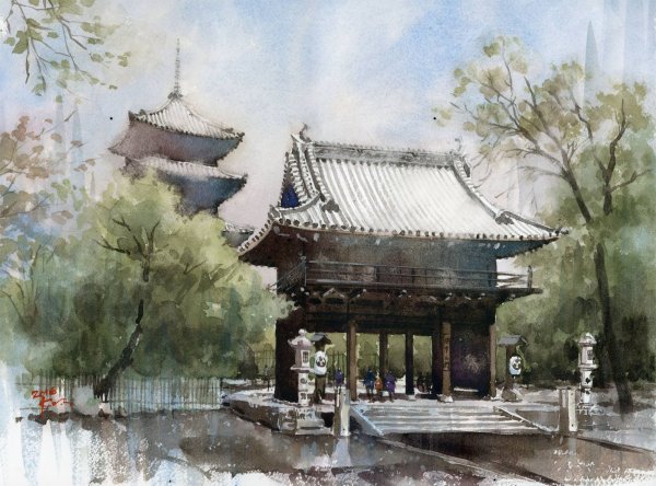Китай пагода пейзаж акварель