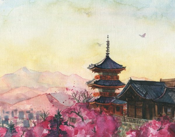Япония пагода акварель тушь