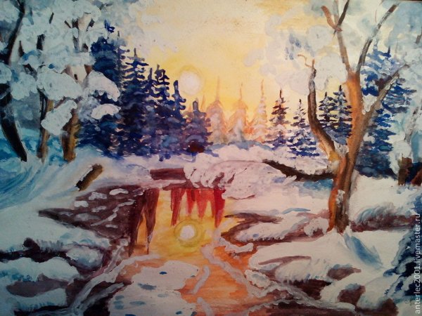 Ночной зимний пейзаж гуашью