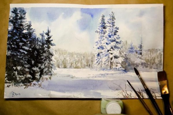 Зимний лес гуашью