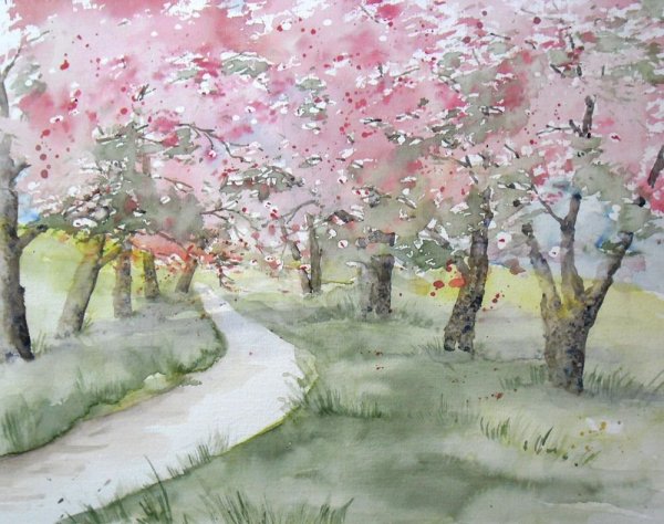 Весенний пейзаж акварелью легкий