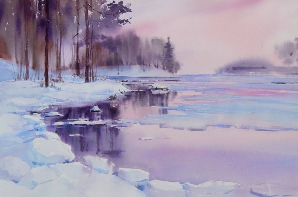 Летний пейзаж акварелью