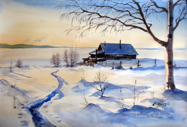 Зимний пейзаж акварелью для детей