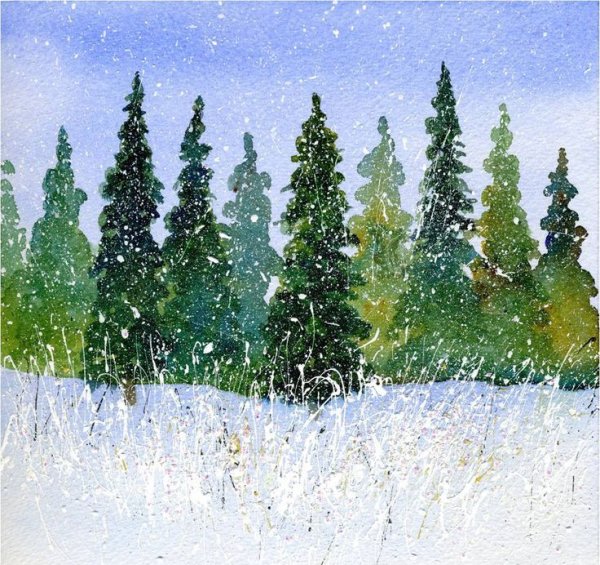 Зимний пейзаж акварельными карандашами