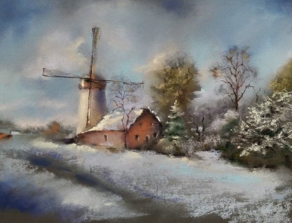 Зимний пейзаж цветными карандашами