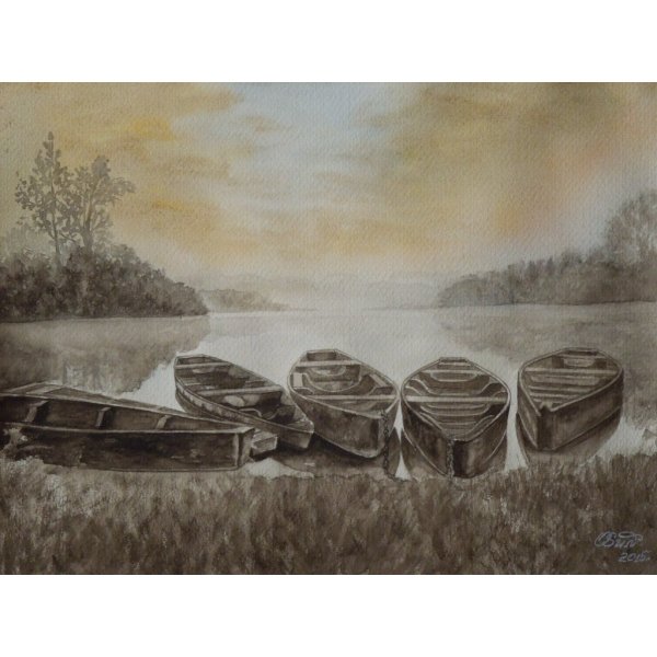 Акварель гризайль лодка