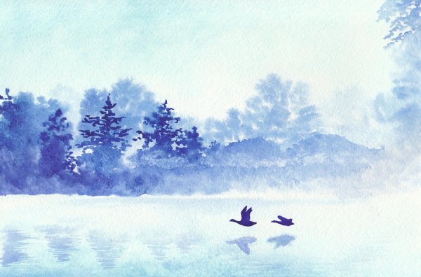 Зимний пейзаж гризайль акварелью