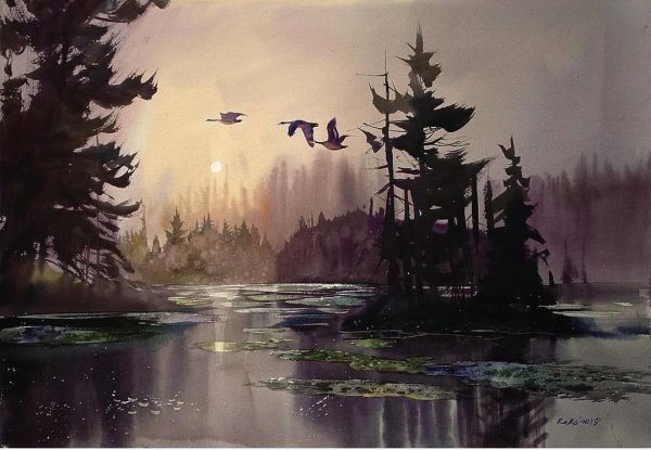 Мрачный лес гуашью