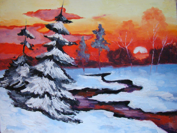 Зимний пейзаж акрилом для начинающих