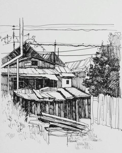 Архитектурный пейзаж тушью